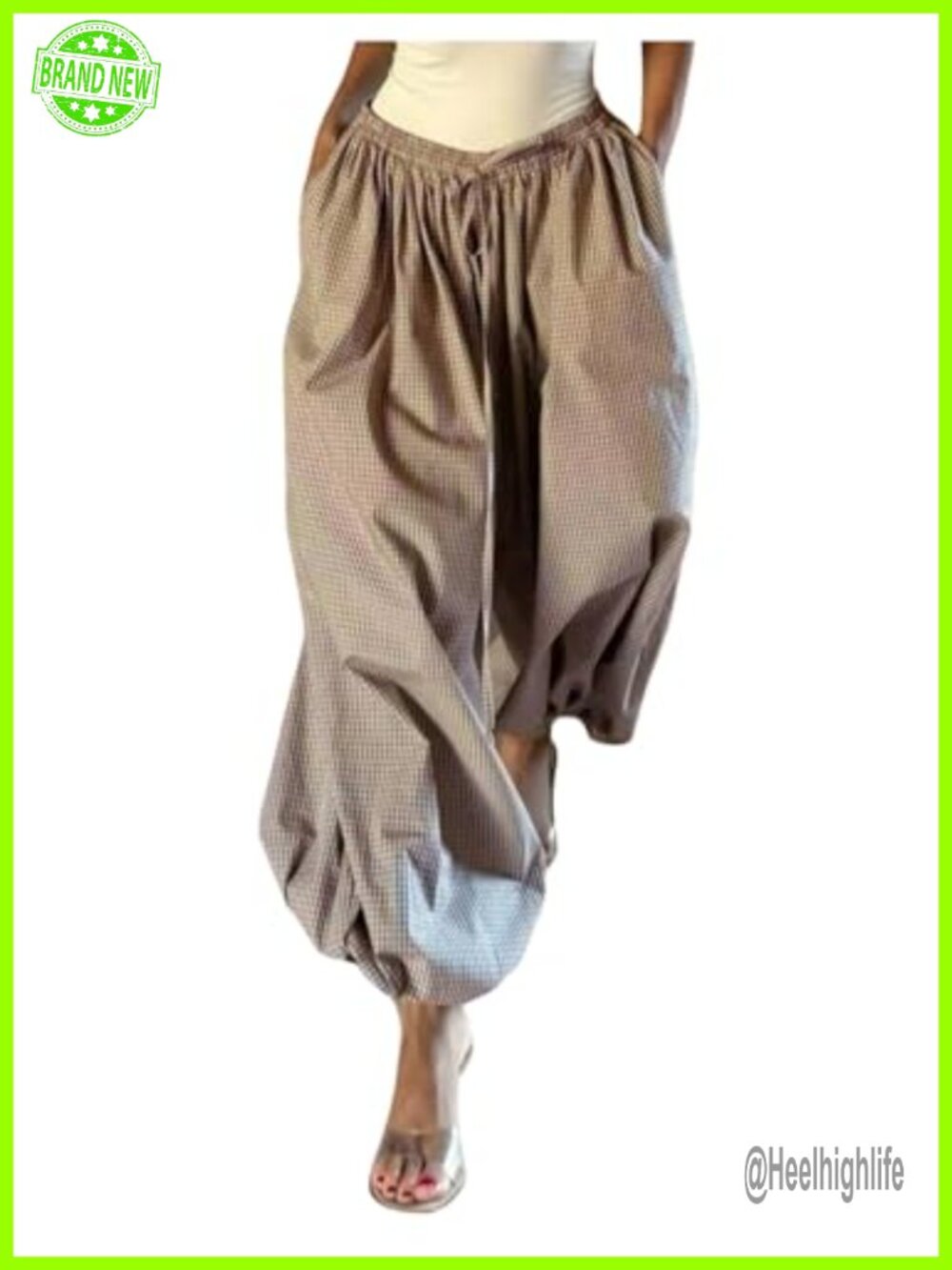 Wide Leg Plaid Baggy Harem Pants with Pocket Elastic Waist